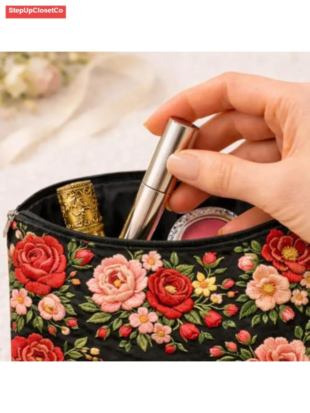 Embroidered Floral Makeup Bag, Double Sided Polyester Cosmetic Pouch, Large